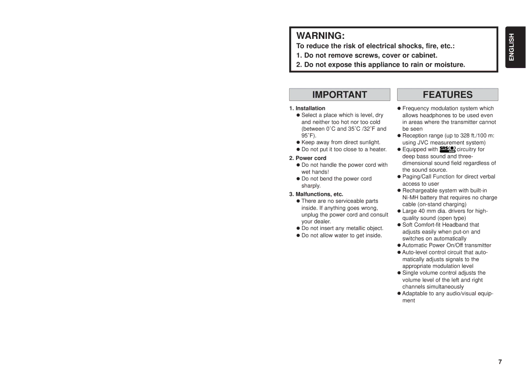 JVC HA-W1000RF-J/C manual Features, Installation, Power cord, Malfunctions, etc 