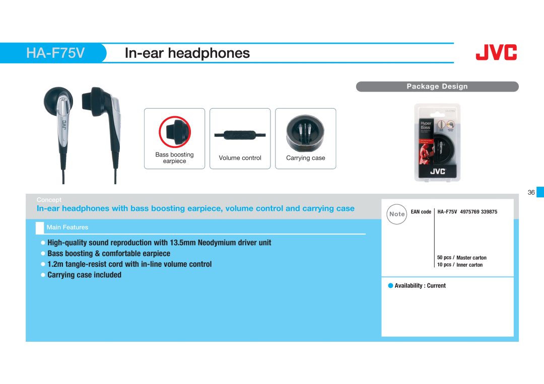JVC HAF75V manual HA-F75V In-earheadphones, Bass boosting & comfortable earpiece, Carrying case included, Package Design 