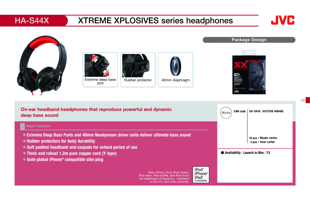 JVC HAFX40R manual HA-S44XXTREME Xplosives series headphones 