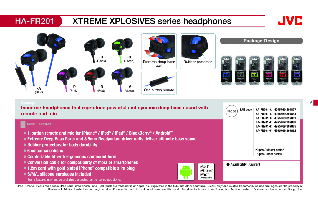 JVC HAFX40R manual HA-FR201XTREME Xplosives series headphones, Conversion cable for compatibility of most of smartphones 