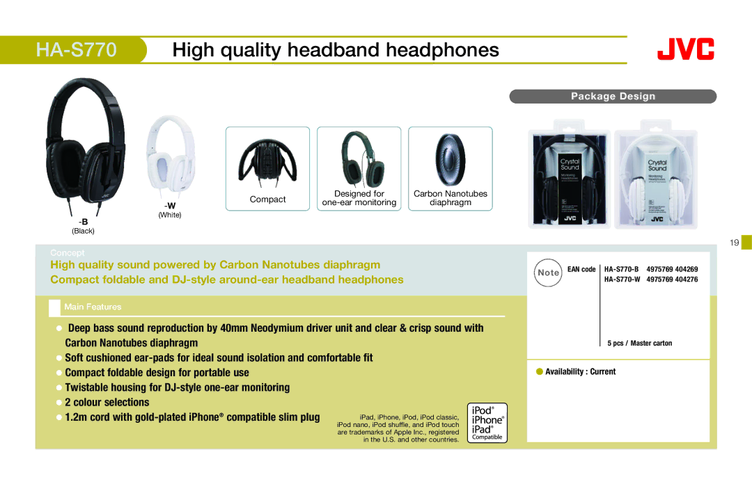 JVC HAFX40R manual HA-S770High quality headband headphones 