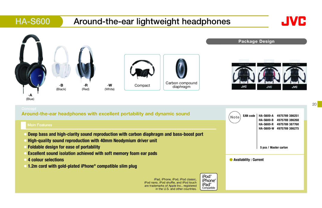 JVC HAFX40R manual HA-S600Around-the-ear lightweight headphones 