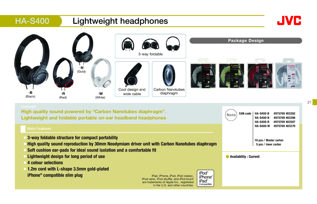 JVC HAFX40R manual HA-S400, Lightweight design for long period of use 