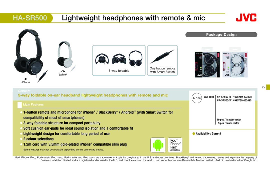 JVC HAFX40R manual HA-SR500Lightweight headphones with remote & mic 