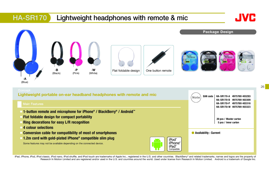 JVC HAFX40R manual HA-SR170Lightweight headphones with remote & mic, Flat foldable design for compact portability 