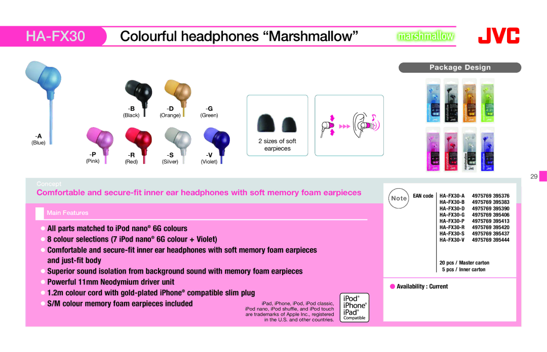 JVC HAFX40R manual HA-FX30Colourful headphones Marshmallow 