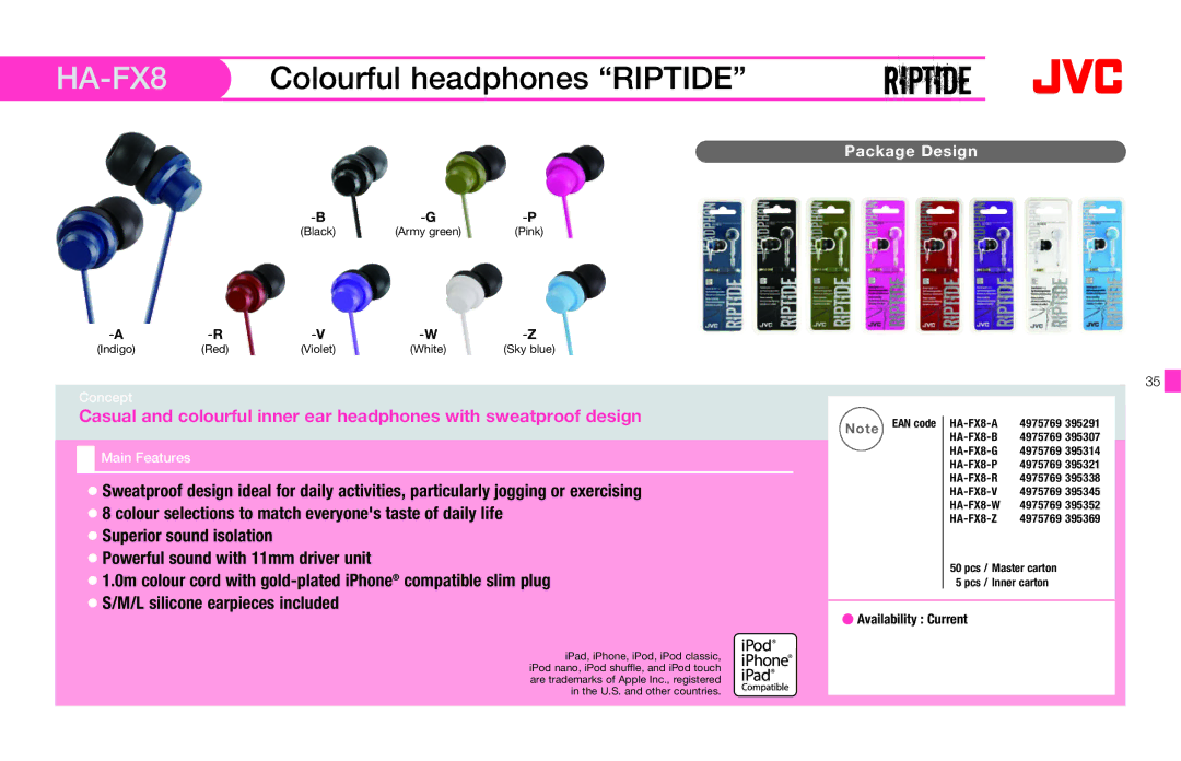 JVC HAFX40R manual HA-FX8, Colourful headphones Riptide 