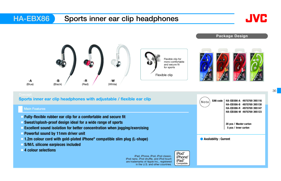 JVC HAFX40R manual HA-EBX86, Sports inner ear clip headphones, Sweat/splash-proof design ideal for a wide range of sports 