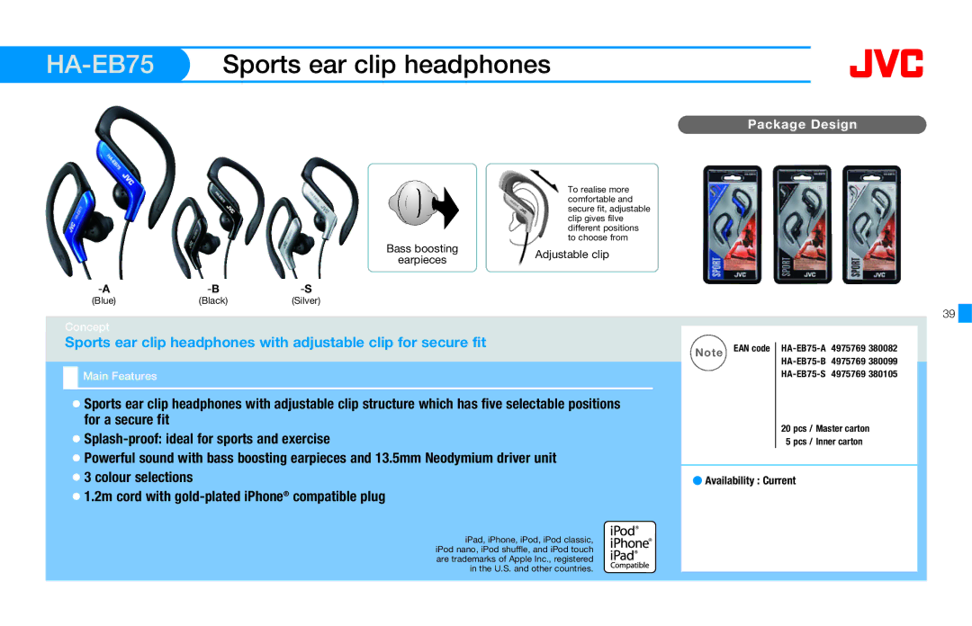 JVC HAFX40R manual HA-EB75Sports ear clip headphones 