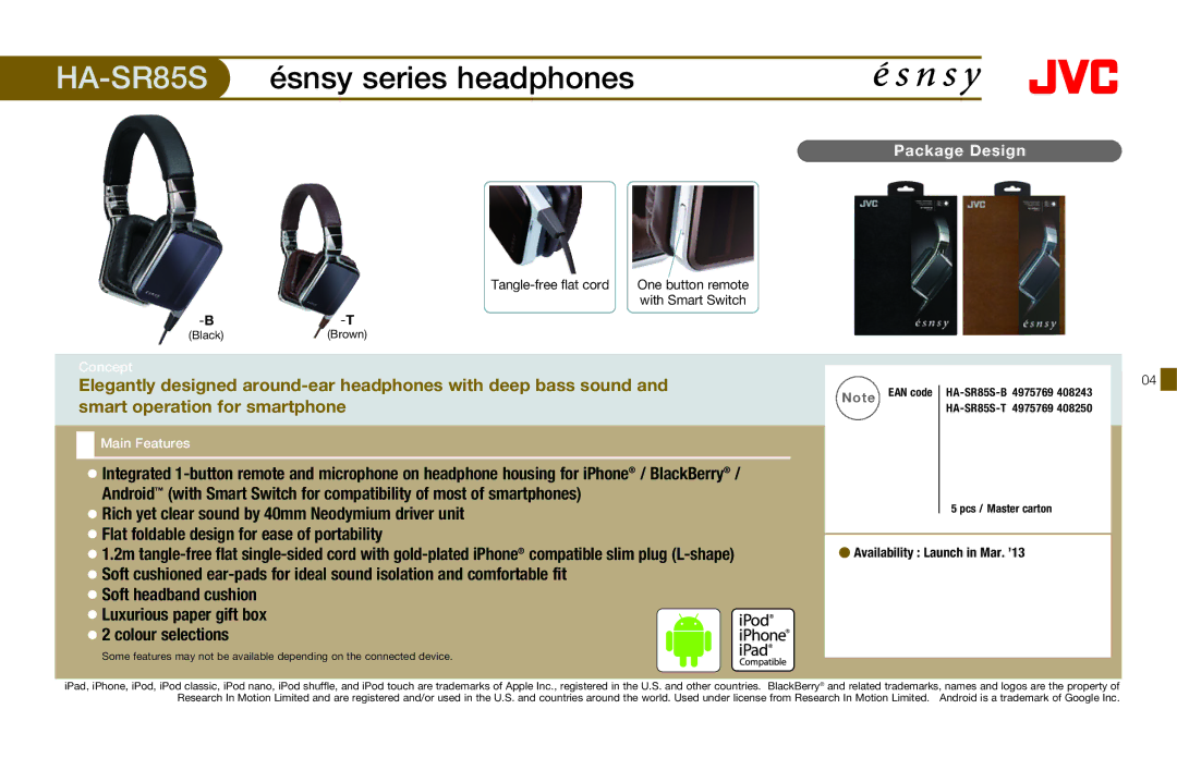 JVC HAFX40R HA-SR85S, Ésnsy series headphones, Rich yet clear sound by 40mm Neodymium driver unit, Soft headband cushion 