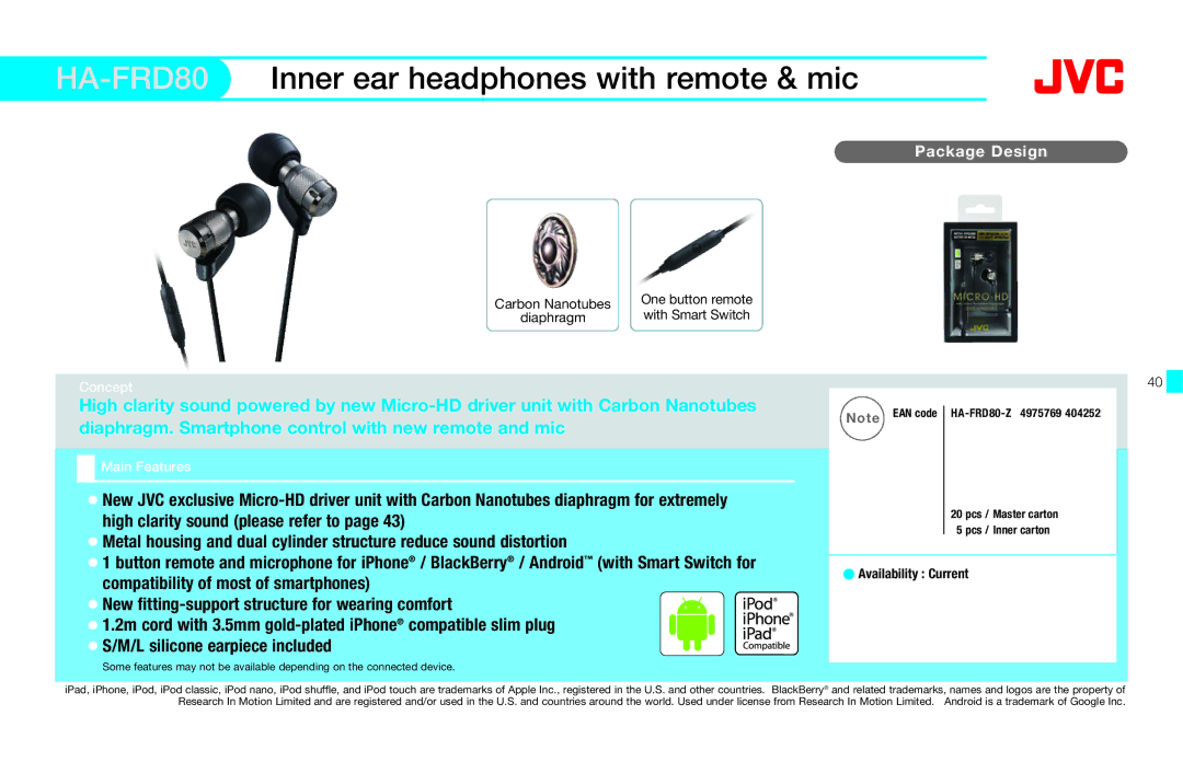 JVC HAFX40R manual HA-FRD80Inner ear headphones with remote & mic, High clarity sound please refer to 