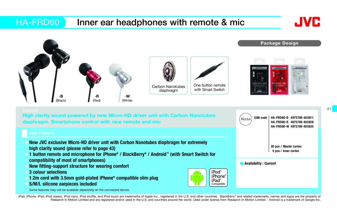 JVC HAFX40R manual HA-FRD60Inner ear headphones with remote & mic, Compatibility of most of smartphones 