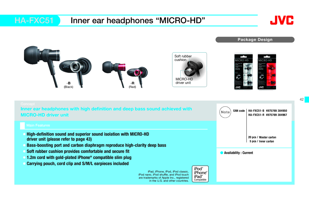 JVC HAFX40R manual HA-FXC51, Inner ear headphones MICRO-HD 