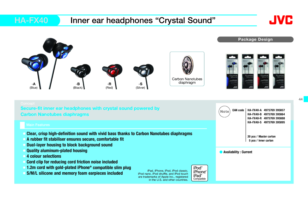 JVC HAFX40R manual HA-FX40Inner ear headphones Crystal Sound, Rubber fit stabiliser ensures secure, comfortable fit 