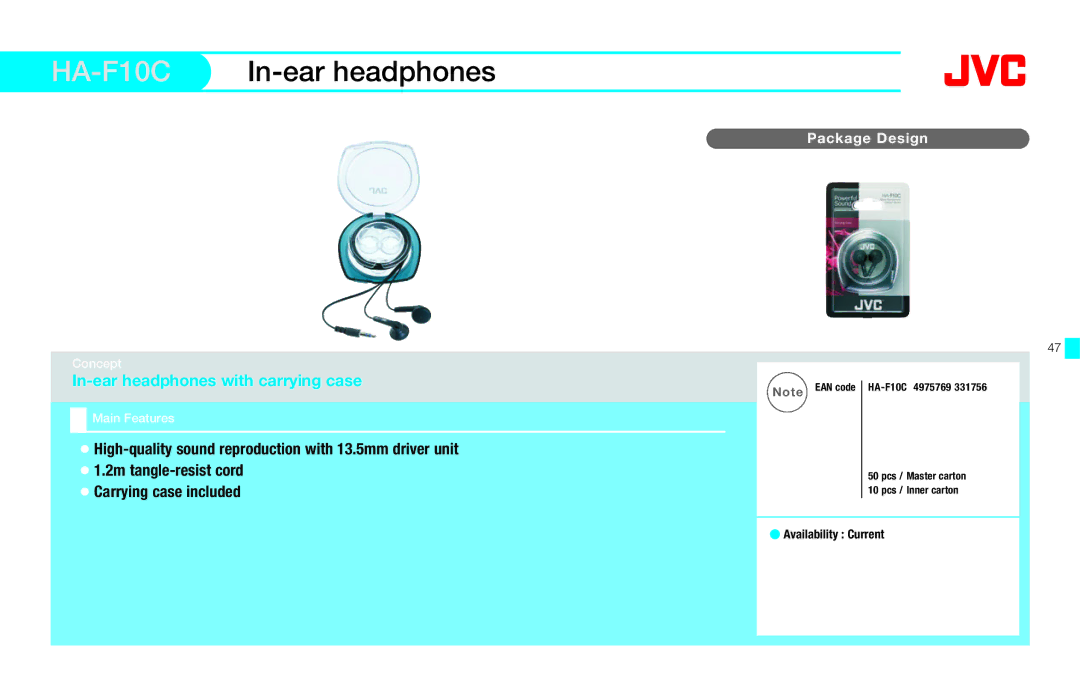 JVC HAFX40R manual HA-F10CIn-ear headphones, In-ear headphones with carrying case 