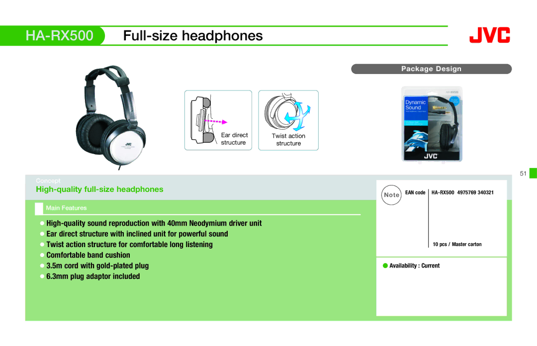 JVC HAFX40R manual HA-RX500Full-size headphones, High-quality full-size headphones 