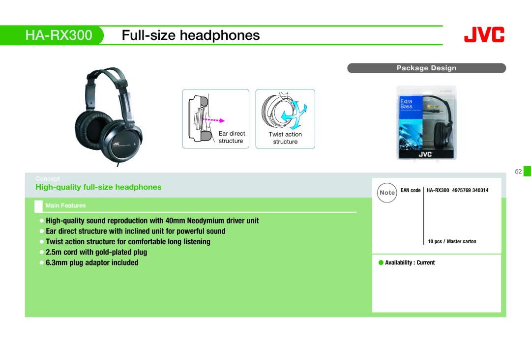 JVC HAFX40R manual HA-RX300Full-size headphones 