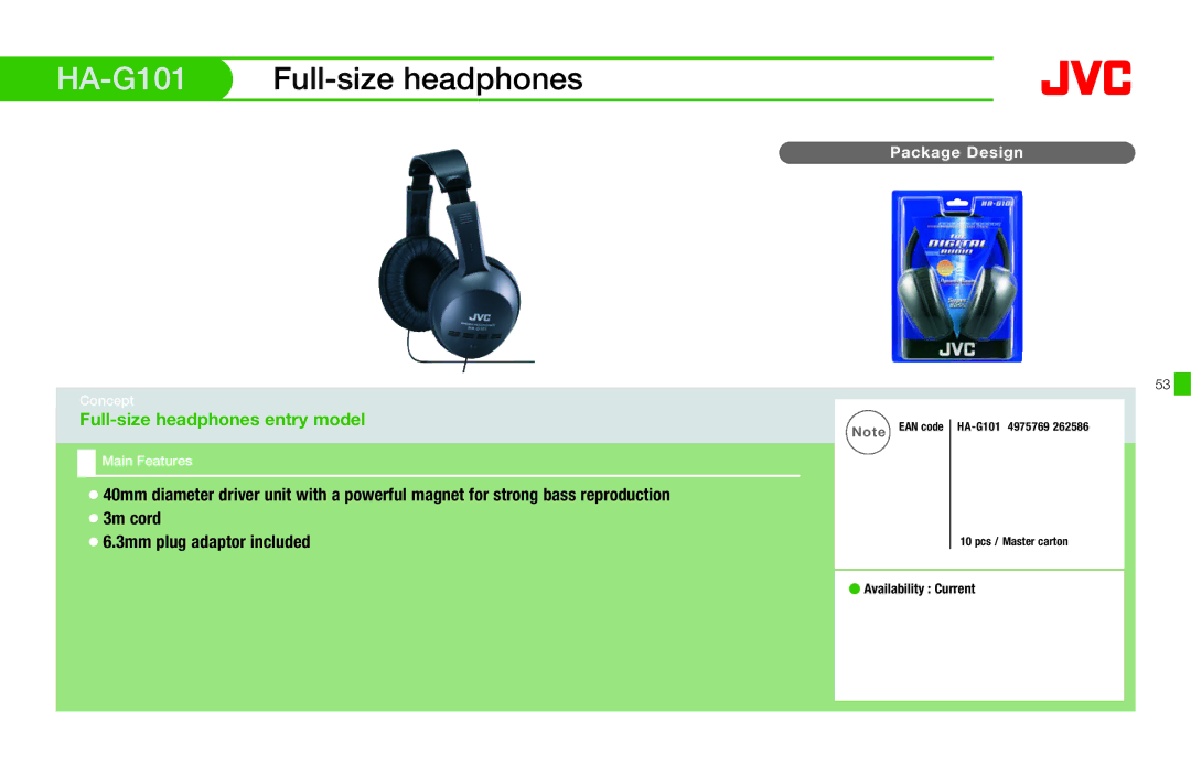 JVC HAFX40R manual HA-G101Full-size headphones, Full-size headphones entry model 