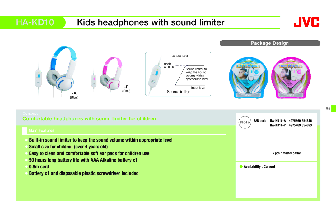 JVC HAFX40R manual HA-KD10Kids headphones with sound limiter, Comfortable headphones with sound limiter for children 