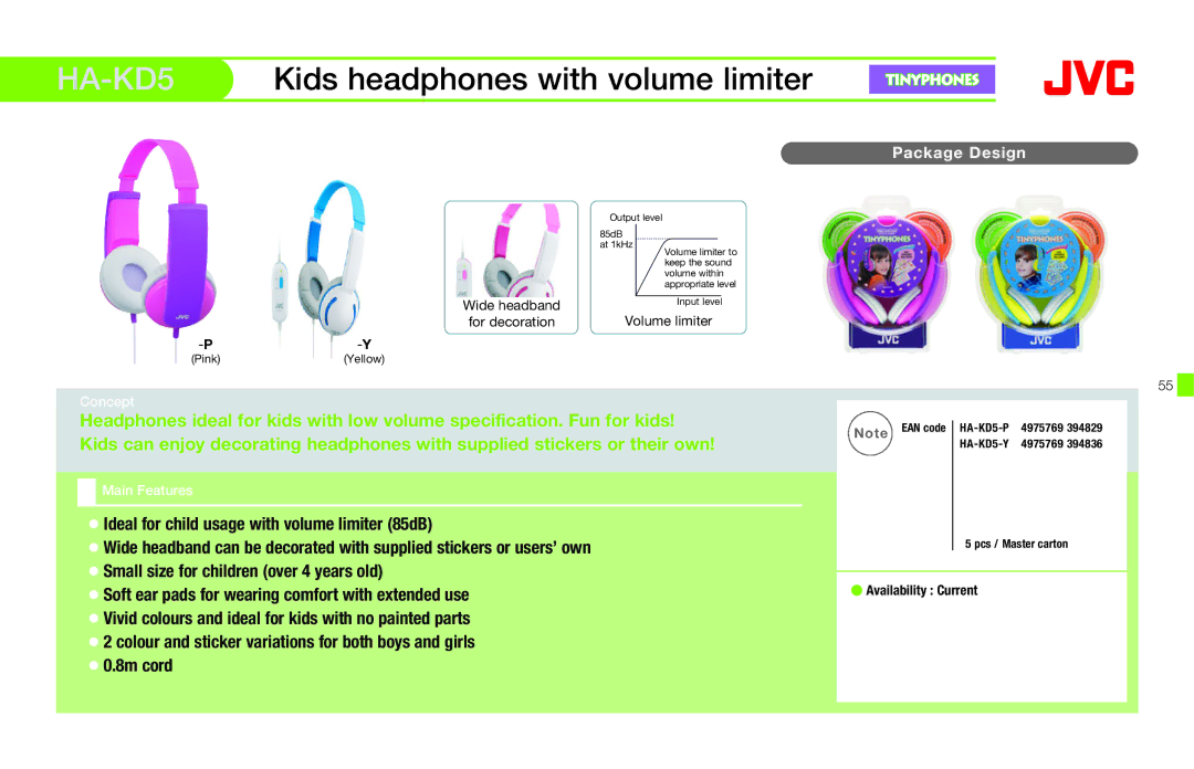 JVC HAFX40R manual HA-KD5, Kids headphones with volume limiter 