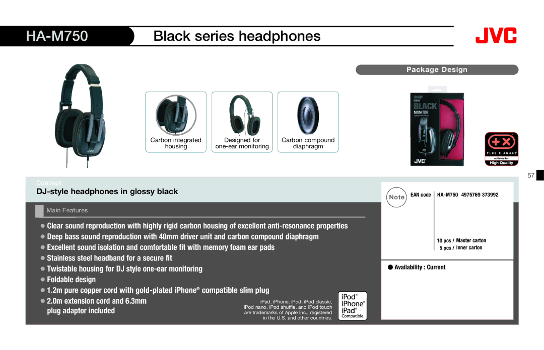 JVC HAFX40R manual HA-M750 Black series headphones, DJ-style headphones in glossy black 