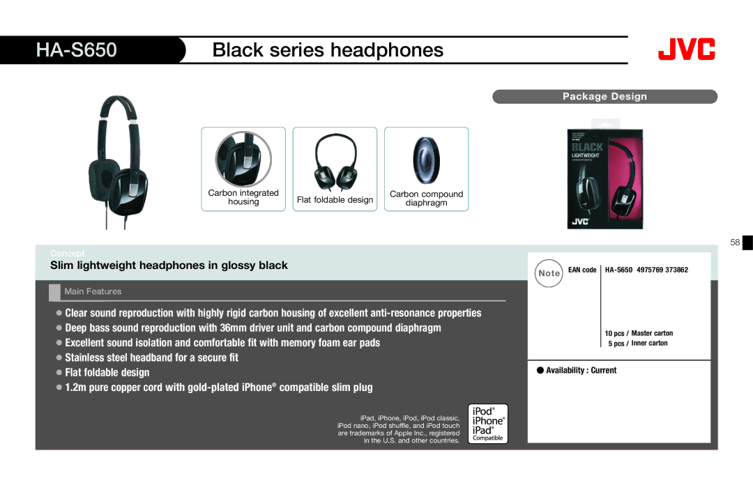 JVC HAFX40R manual HA-S650 Black series headphones, Slim lightweight headphones in glossy black 