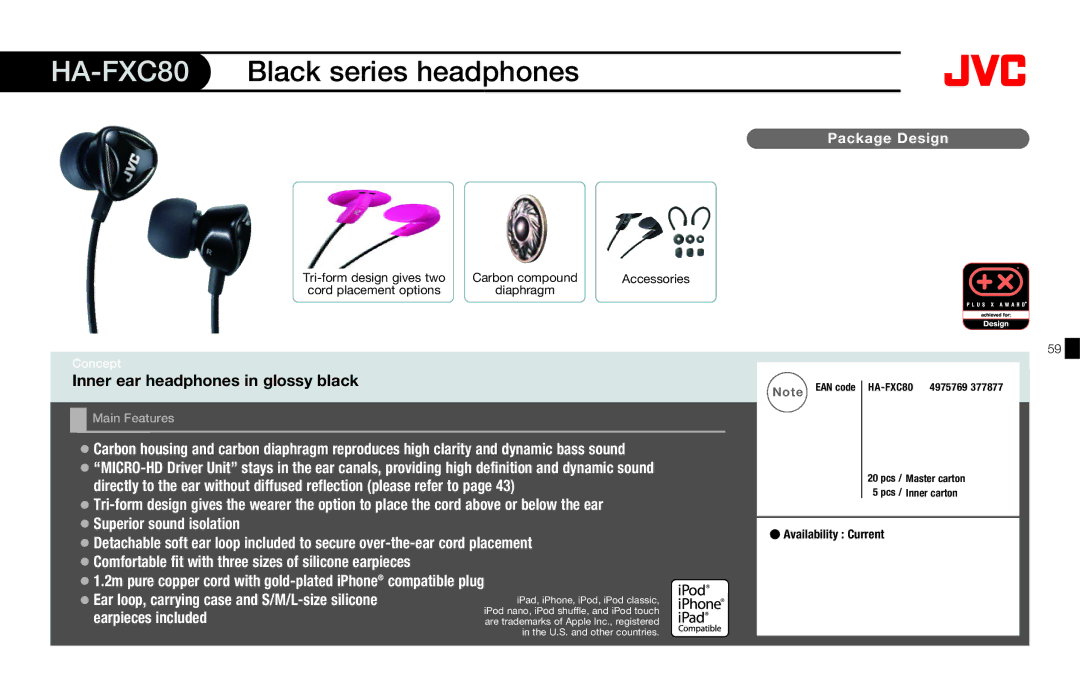 JVC HAFX40R manual HA-FXC80, Inner ear headphones in glossy black 