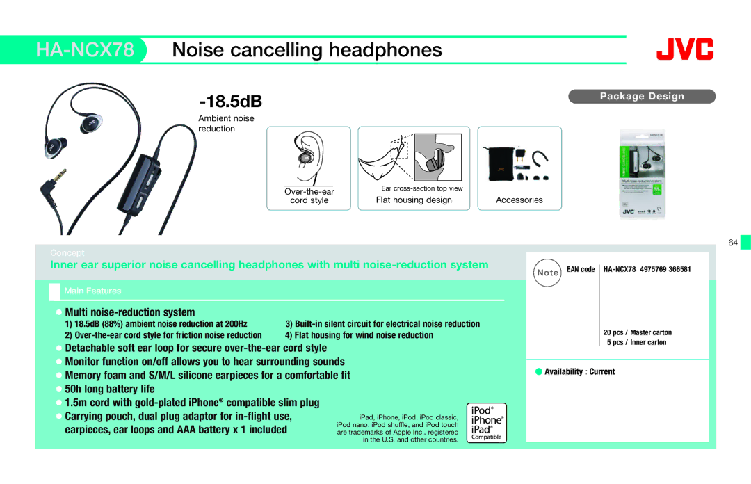 JVC HAFX40R manual HA-NCX78, Multi noise-reduction system, 50h long battery life 