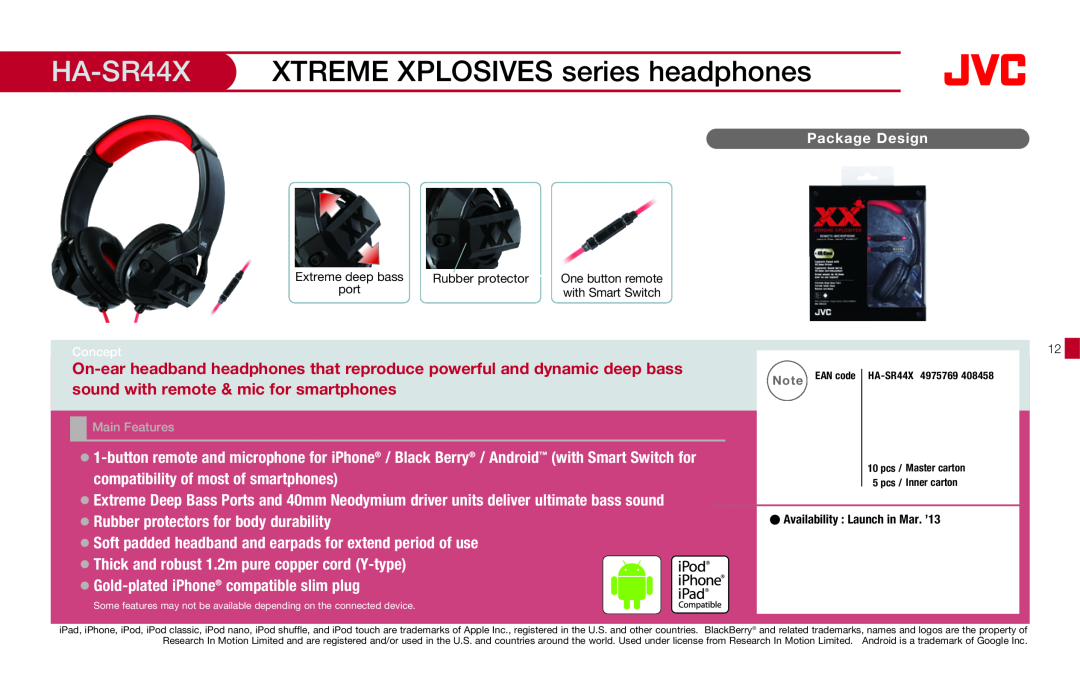 JVC HAFX40R manual HA-SR44X, XTREME XPLOSIVES series headphones, Package Design, Extreme deep bass, Rubber protector, port 