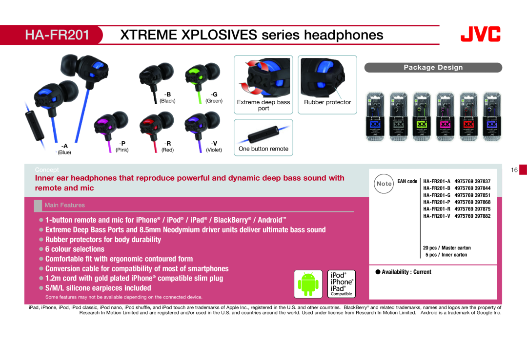 JVC HAFX40R manual HA-FR201 XTREME XPLOSIVES series headphones, Rubber protectors for body durability, colour selections 