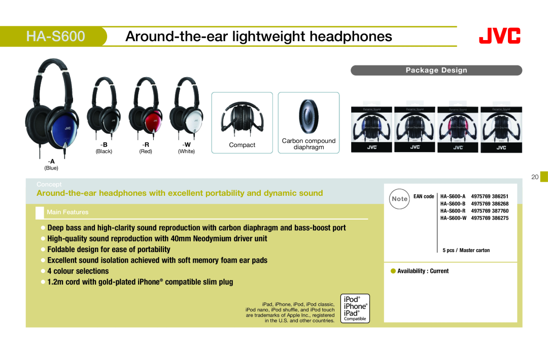 JVC HAFX40R manual HA-S600 Around-the-earlightweight headphones 