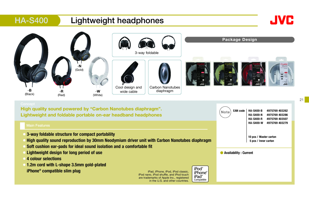 JVC HAFX40R manual HA-S400, Lightweight headphones, Lightweight design for long period of use, colour selections 