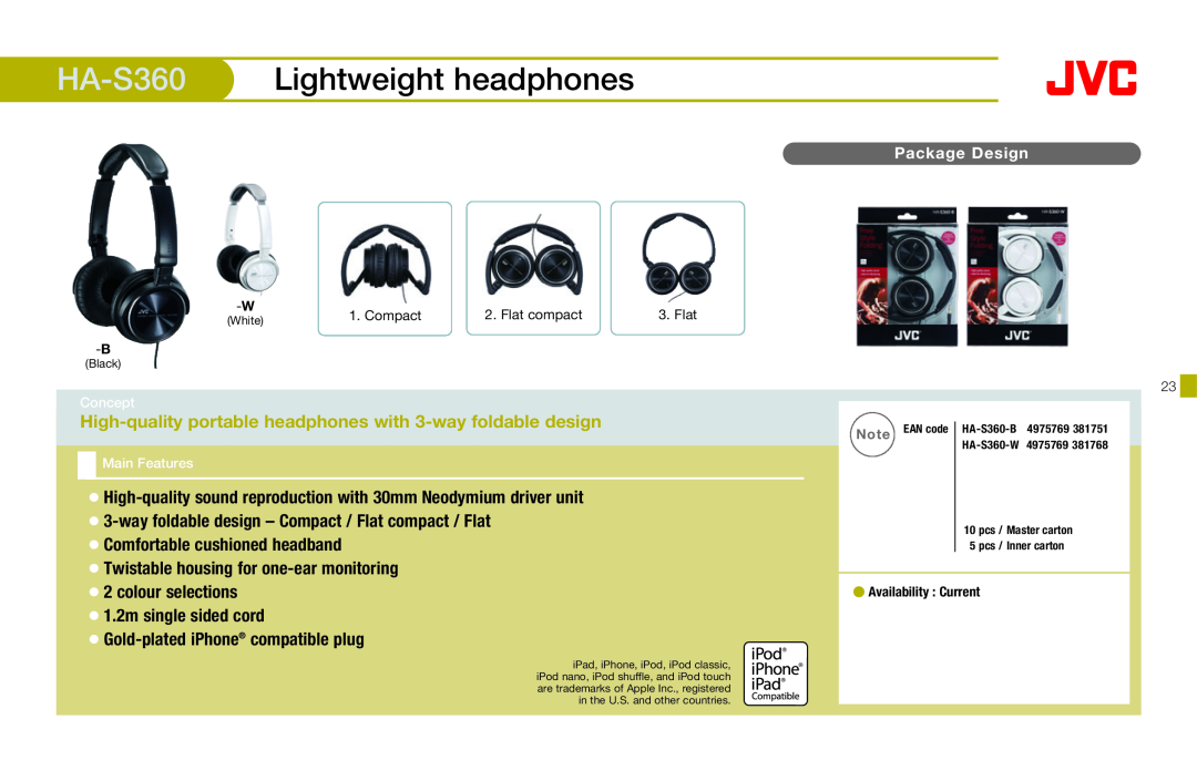 JVC HAFX40R manual HA-S360 Lightweight headphones 