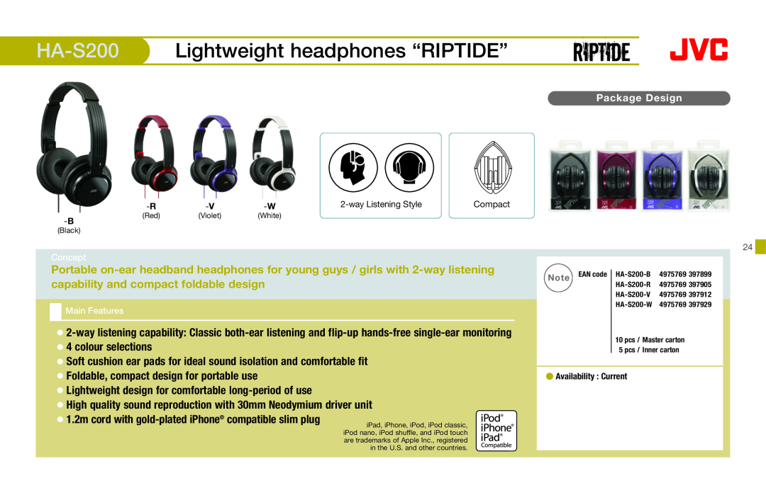 JVC HAFX40R manual HA-S200 Lightweight headphones “RIPTIDE”, colour selections, Foldable, compact design for portable use 