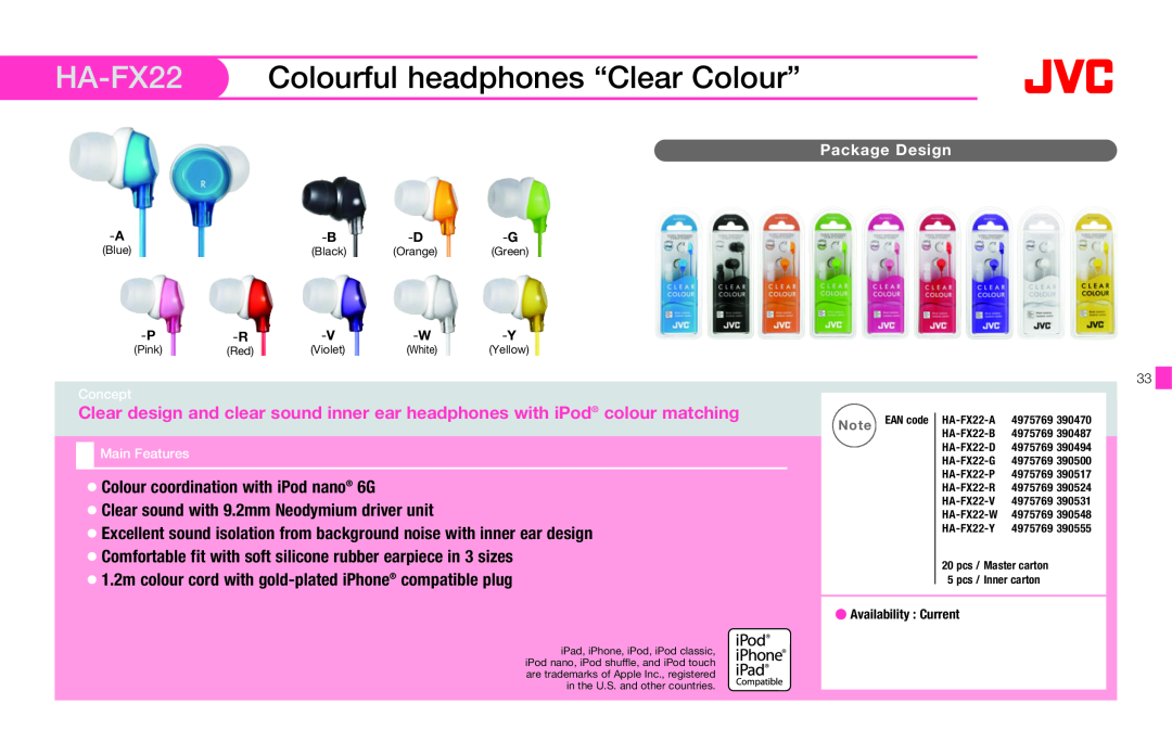 JVC HAFX40R manual HA-FX22 Colourful headphones “Clear Colour” 
