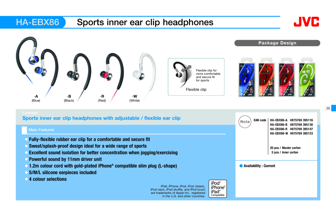 JVC HAFX40R manual HA-EBX86, Sports inner ear clip headphones, Powerful sound by 11mm driver unit, colour selections 