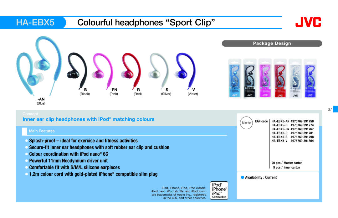 JVC HAFX40R HA-EBX5, Colourful headphones “Sport Clip”, Package Design, Black, Pink, Blue, Note EAN code, Silver, Violet 