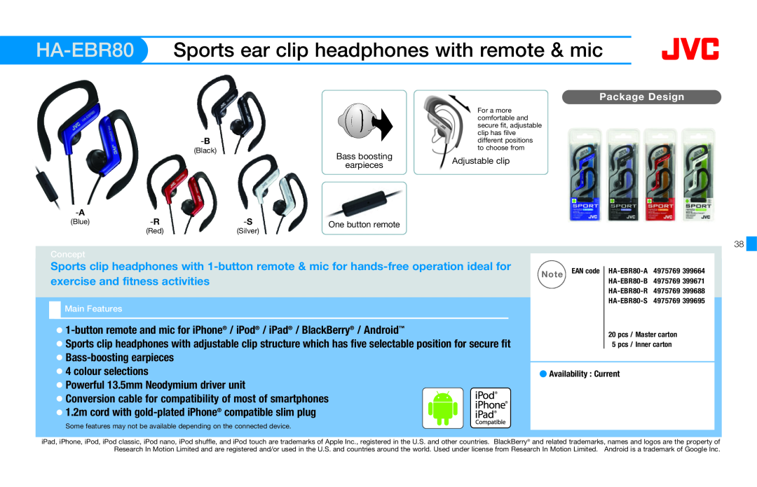JVC HAFX40R HA-EBR80, Sports ear clip headphones with remote & mic, Package Design, Powerful 13.5mm Neodymium driver unit 