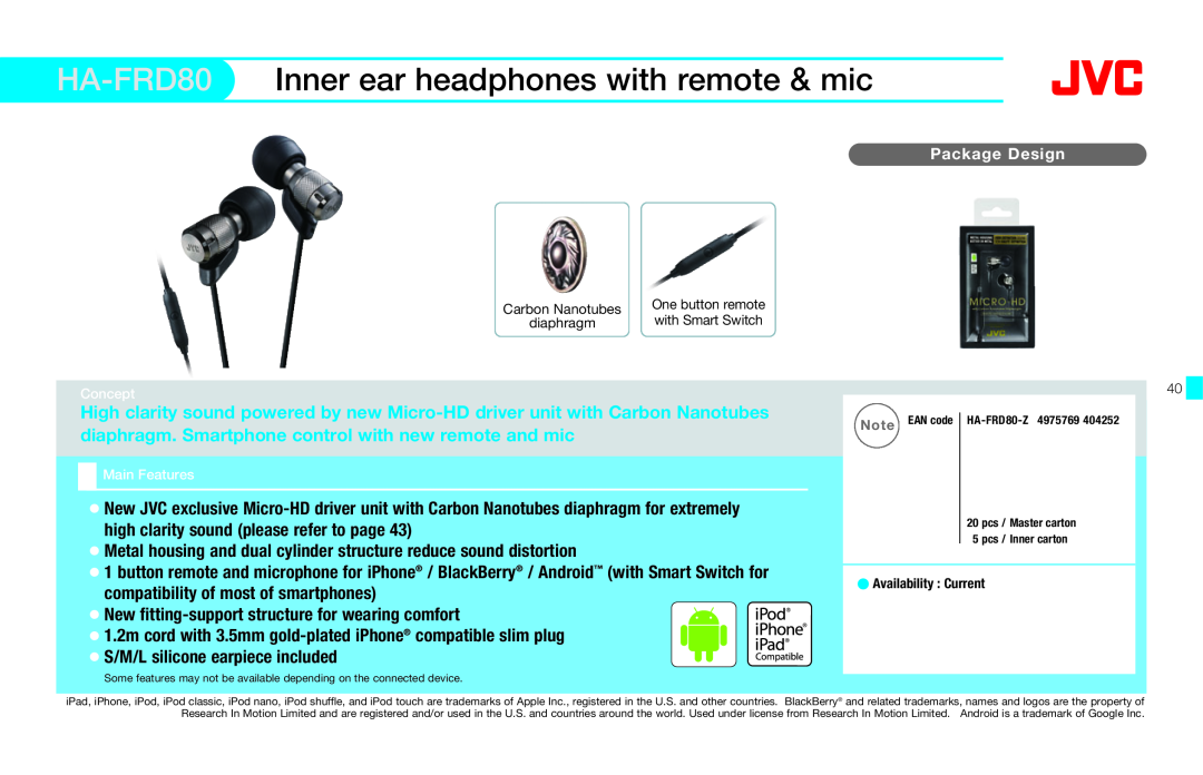 JVC HAFX40R manual HA-FRD80 Inner ear headphones with remote & mic, high clarity sound please refer to page, Package Design 