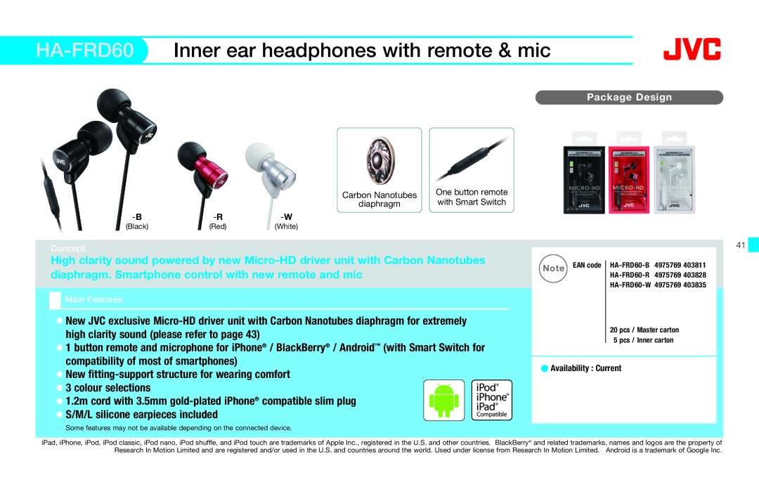 JVC HAFX40R HA-FRD60 Inner ear headphones with remote & mic, high clarity sound please refer to page, colour selections 
