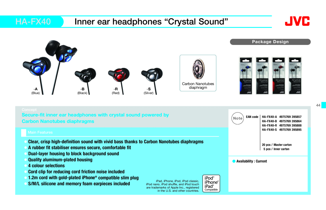 JVC HAFX40R manual HA-FX40 Inner ear headphones “Crystal Sound” 