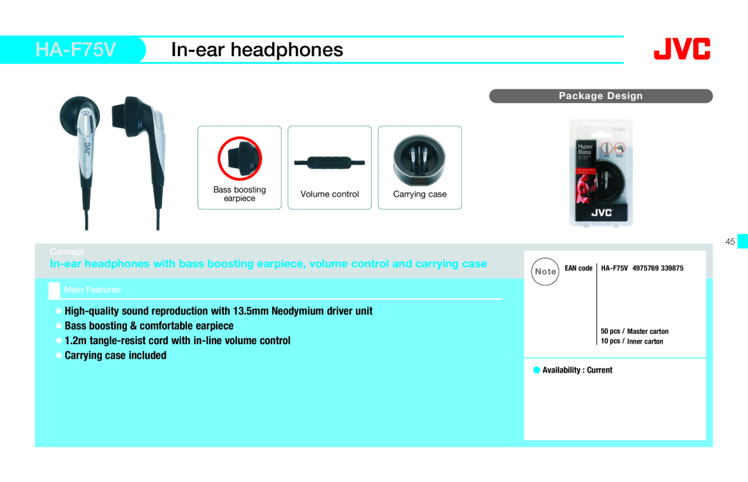JVC HAFX40R manual HA-F75V In-earheadphones, Package Design, Bass boosting, Carrying case, earpiece, Note EAN code 