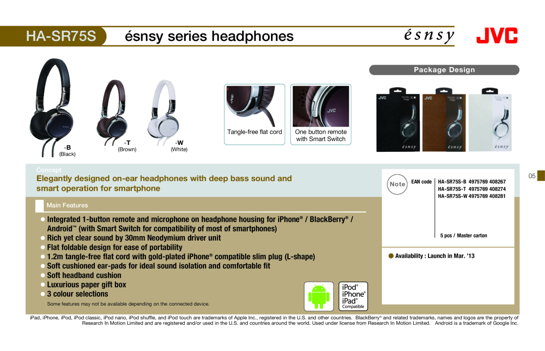 JVC HAFX40R manual HA-SR75S, ésnsy series headphones 