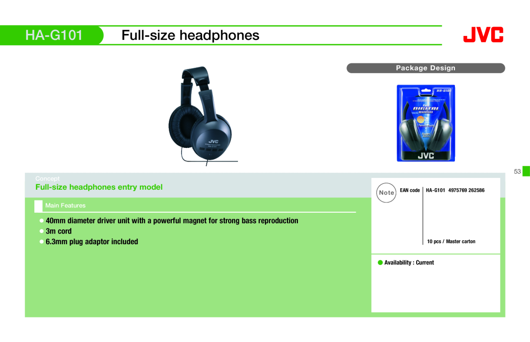 JVC HAFX40R manual HA-G101 Full-sizeheadphones, Full-sizeheadphones entry model, Package Design, EAN code 