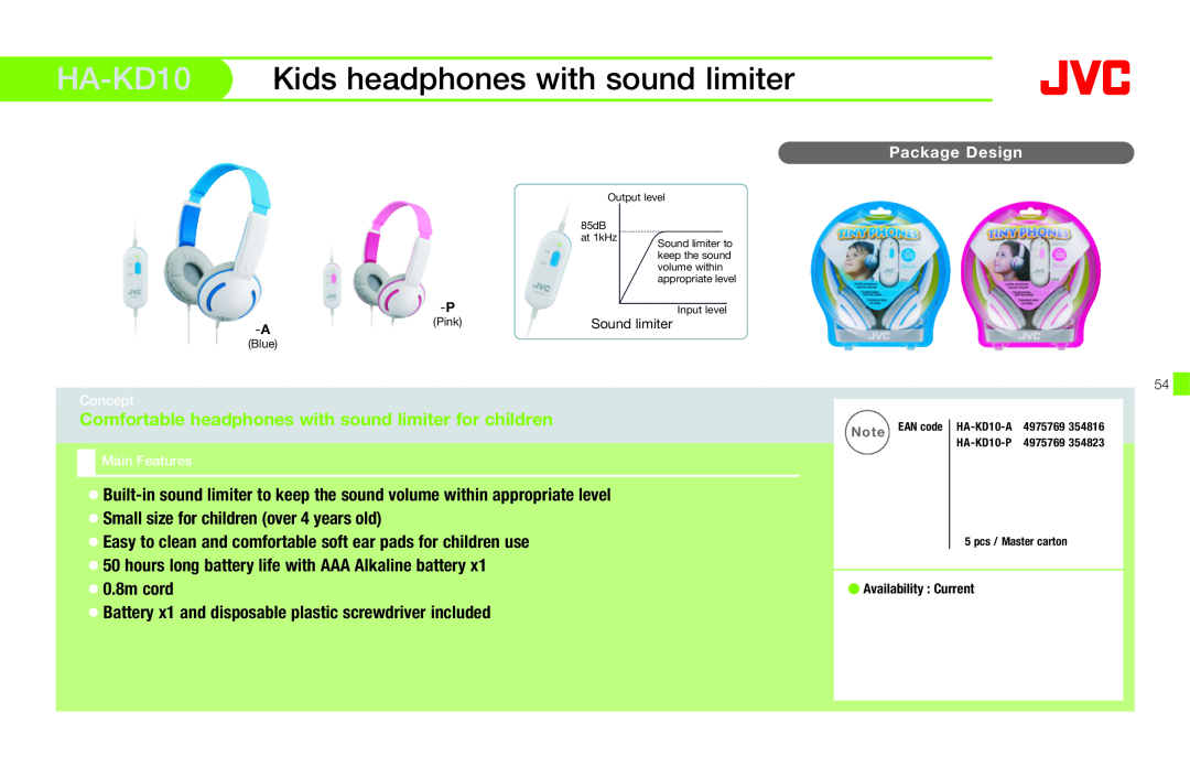 JVC HAFX40R manual HA-KD10 Kids headphones with sound limiter 