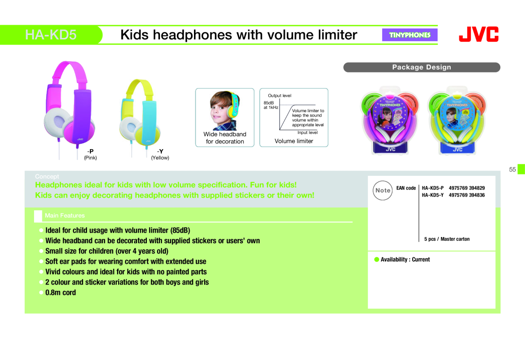 JVC HAFX40R manual HA-KD5, Kids headphones with volume limiter 
