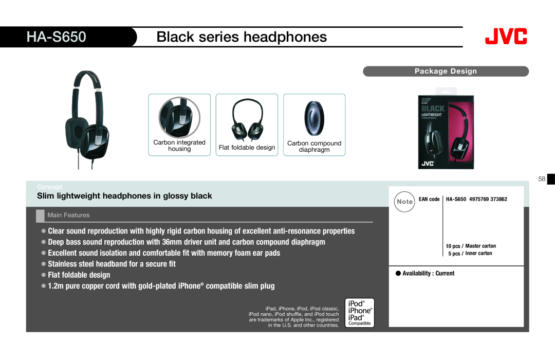 JVC HAFX40R manual HA-S650, Slim lightweight headphones in glossy black, Black series headphones 