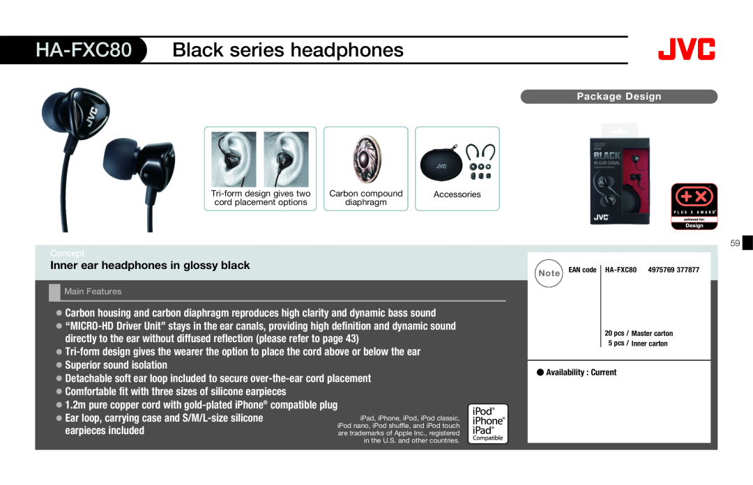 JVC HAFX40R manual HA-FXC80, Inner ear headphones in glossy black, Black series headphones 