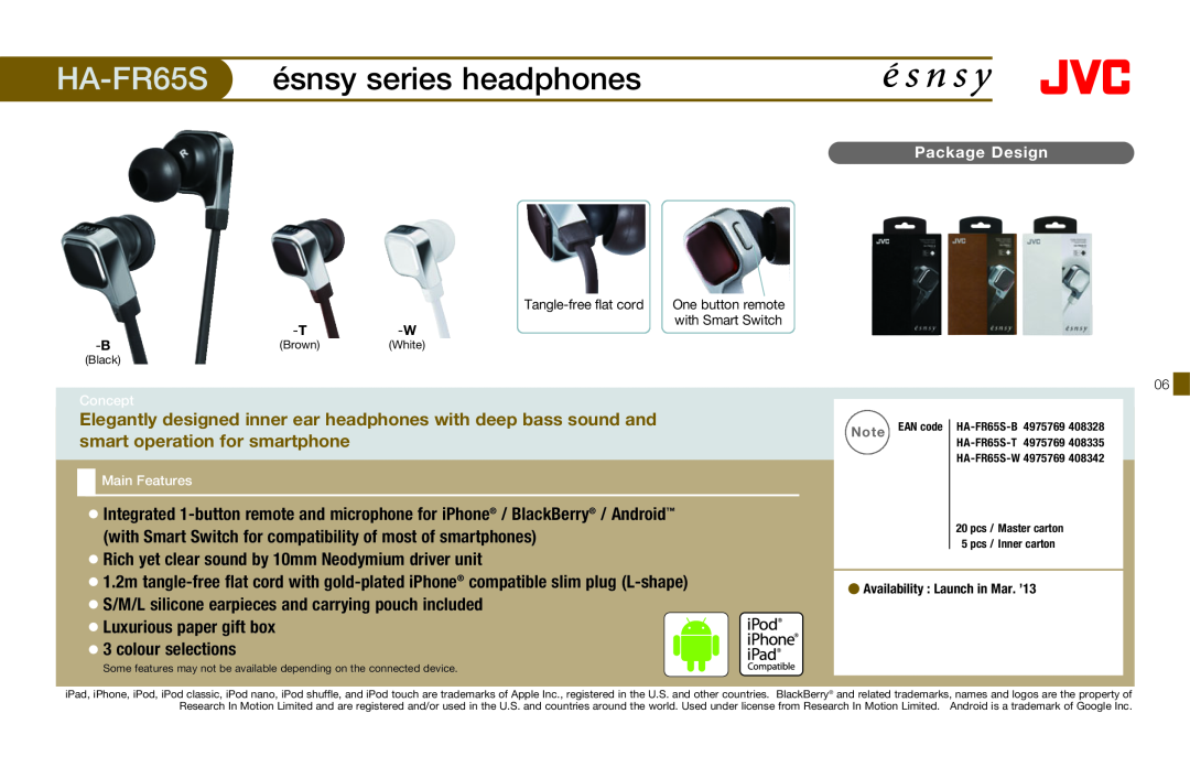 JVC HAFX40R manual HA-FR65S, ésnsy series headphones, Tangle-freeflat cord, Availability : Launch in Mar. ’13 