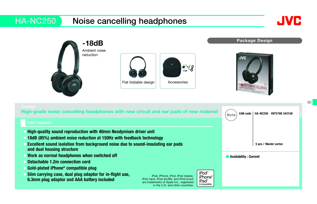 JVC HAFX40R manual HA-NC250 Noise cancelling headphones, 18dB 